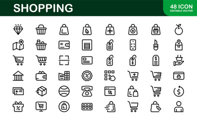 Premium Shopping Icons. Editable and Clean Designs for Retail, Online Shopping, Cart, Payment, and Delivery Services in Flat and Line Styles.