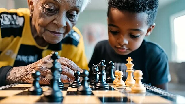 Grandmother Encouraging Grandson in a Game of Chess