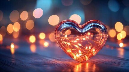 A glass heart filled with fairy lights creates a warm and romantic ambiance