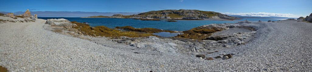 Panoramic view of the landscape at Trollholmsund at Porsanger Fjord, Troms county, Norway, Europe
