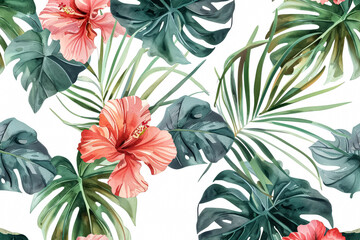 Painting of a tropical scene with a lot of green leaves and orange flowers.