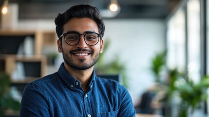 Young man wearing glasses posing for corporate portrait with smile.