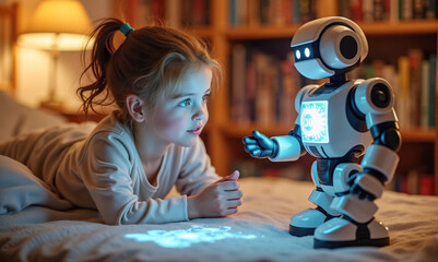 Young caucasian girl engages with interactive robot in cozy bedroom setting