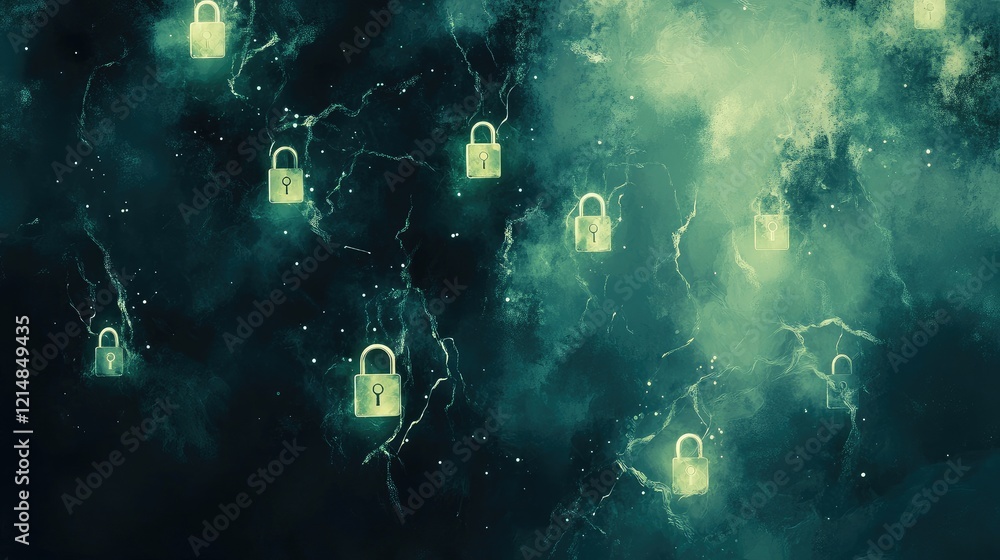 Poster flowing lines of encrypted data forming glowing lock shapes on a calm, painterly background with sof