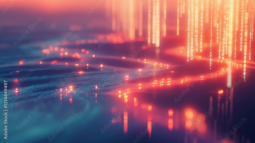 Leinwandbilder Flowing lines of encrypted data forming glowing lock shapes on a calm, painterly background with soft edges