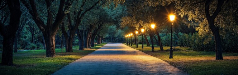 A peaceful night scene of a park path illuminated by warm streetlights, symbolizing solitude and reflection. Ideal for urban tranquility, relaxation themes, and outdoor lifestyle visuals.