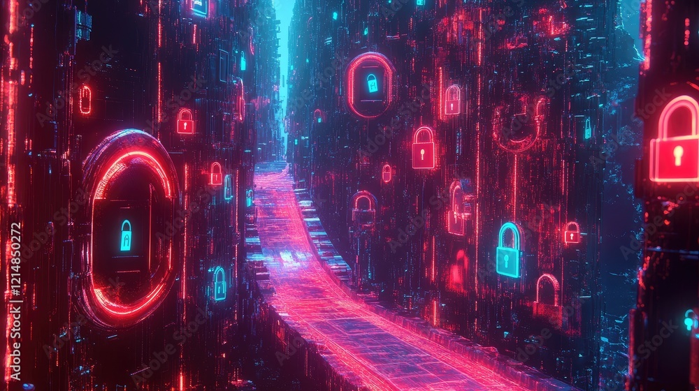 Poster glowing streams of encrypted data flowing as vibrant locks and symbols, evoking a futuristic, secure