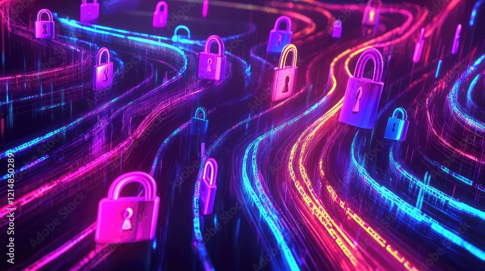 Poster glowing streams of encrypted data flowing as vibrant locks and symbols, evoking a futuristic, secure