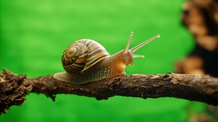 Close up of a snail crawling on a branch, against a bright green backdrop. Details of its shell and body are visible