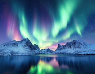 Naklejka premium Majestic Aurora Borealis Displays over Snow-Capped Mountains and Reflective Water