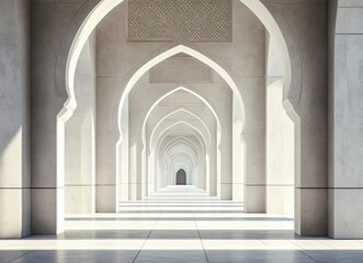A white background with Islamic-inspired patterns and arches, a long corridor in the center of which there is an empty space for text or product display. 