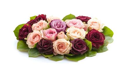 A bouquet of mixed roses in a heart-shaped arrangement, isolated on white background in HD