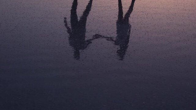 Reflection of two walking figures on a twilight salt lake with ripples and muted tones