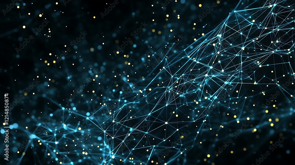 Poster abstract digital network with glowing connections and particles in a dark background