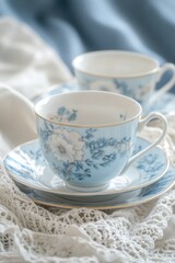 Fototapeta premium A set of three blue and white china teacups, each adorned with a floral pattern. The set sits on a lace-covered table, suggesting a refined, elegant setting for tea time or small gatherings.