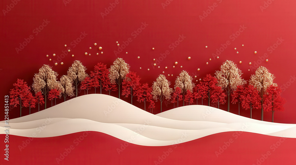 Poster vibrant red background features stylized trees in shades of red and gold, creating festive atmospher