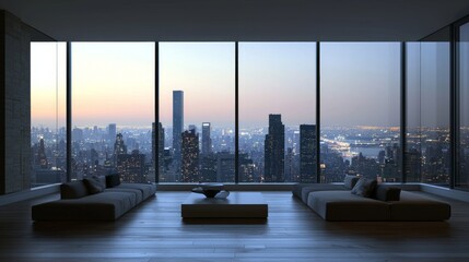 Fototapeta premium Urban Serenity: Occupant Silhouette in a Modern High-Rise Apartment with Panoramic City View | Cinematic and Ultra-Detailed Image of Cityscape