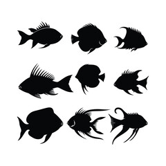 Fish Black Silhouettes set Clipart on a white Background