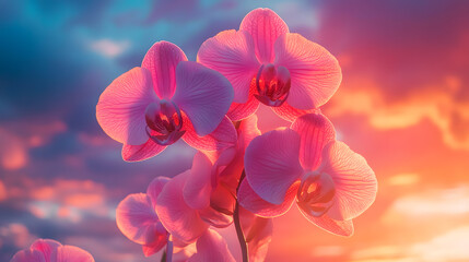 Plakat A vibrant orchid bouquet held against the backdrop of a stormy sky, with dramatic lighting highlighting the intricate petals, during an intense weather moment