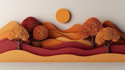 vibrant landscape featuring layered hills and textured trees in warm autumn colors, showcasing shades of orange, red, and yellow under bright sun