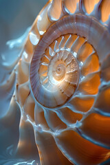Obraz premium Macro Photograph of Nautilus Shell Showcasing Intricate Spiral Structure and Pearlescent Layers