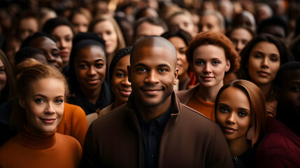 Diverse Crowd Gathers, Faces Focused Forward, United in Shared Experience with Hope and Anticipation