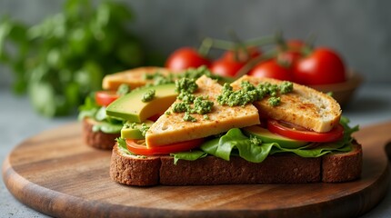 A fully visible sandwich made with dark bread, slices of tofu, avocado, tomatoes, and pesto sauce. 

