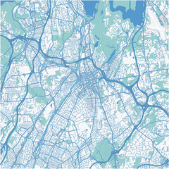 Map of White Plains in New York in a professional blue style. Contains layered vector with roads water, parks, etc.