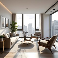 Fototapeta premium Urban Oasis Modern Living Room with Sleek Furniture and Sun-Drenched Ambiance