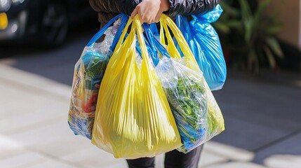 photo of a person carrying reusable shopping bags filled with groceries, promoting sustainable consumption habits and reducing plastic waste. Copy space. Recycling waste, conserving the environment 