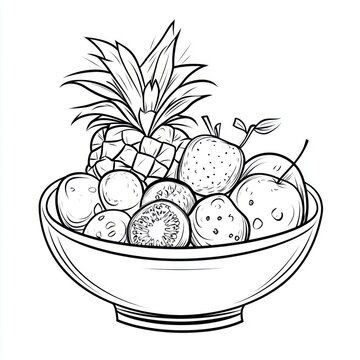 recommend clip art: Tropical fruit bowl sketch, white background, healthy eating illustration