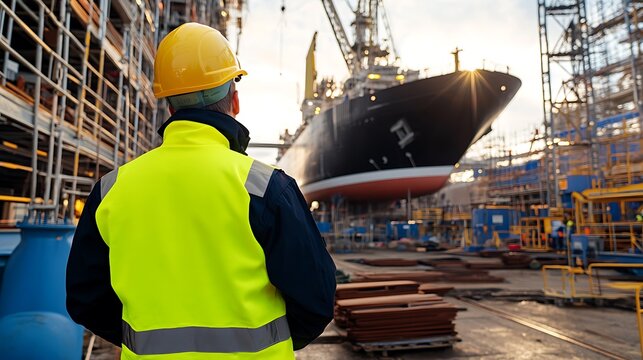 Worker observing the construction of a large ship at a busy shipyard