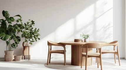 Dining room with white wall, sideboard, table, chairs and ornamental plants. 3D rendering, interior design, 3D illustration	