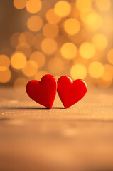 Red hearts on a light wooden surface with a premium background