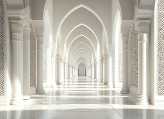 Fototapeta premium A white background with Islamic-inspired patterns and arches, a long corridor in the center of which there is an empty space for text or product display. 