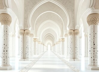 Fototapeta premium A white background with Islamic-inspired patterns and arches, a long corridor in the center of which there is an empty space for text or product display. 