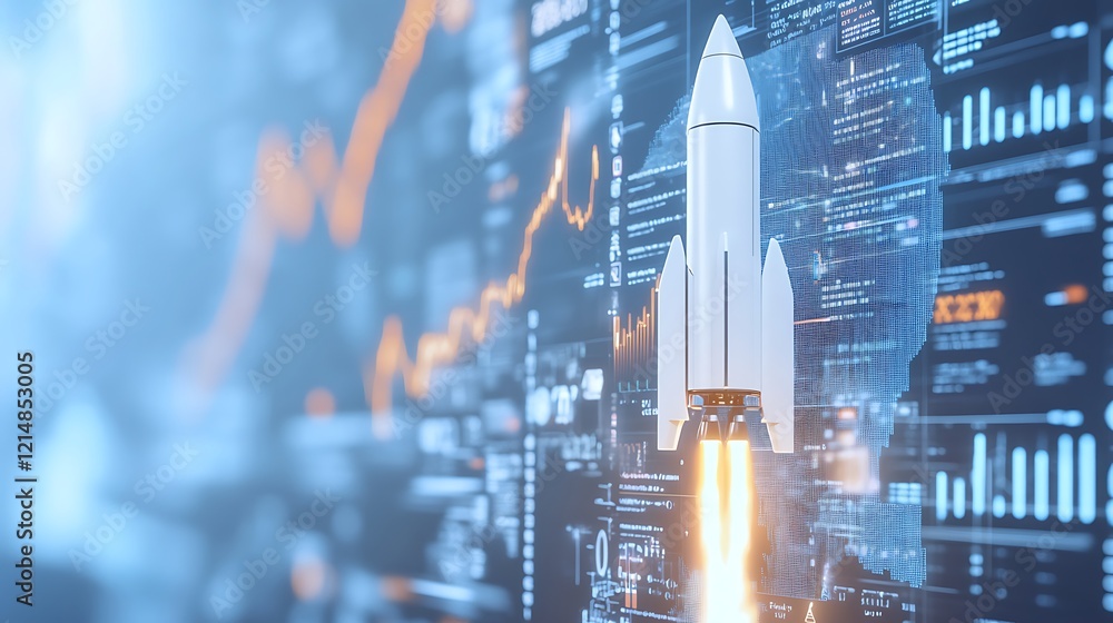 Poster rocket launching into the digital space with data analytics and technology background