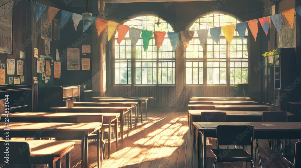 Poster sunlit classroom with empty desks, decorated with farewell banners and ample space for text