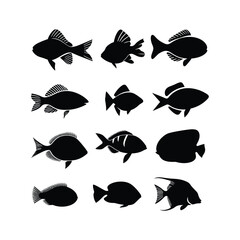 Fish Black Silhouettes set Clipart on a white Background