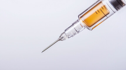 close up view of syringe filled with clear liquid, showcasing needle and measurement markings. This represents medical and healthcare themes