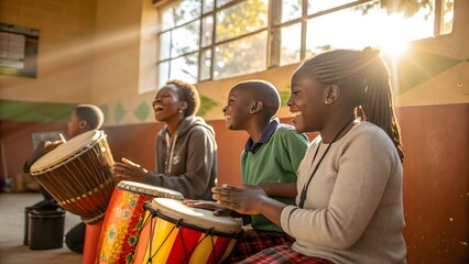 Happy African Children Playing Drums Music Class Teamwork Joyful