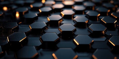 Obraz premium Hexagonal wall pattern with black and gold hue for a modern, minimalist look.