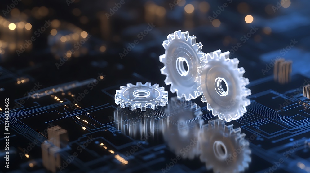 Aufkleber transparent gears on a circuit board background representing technology and engineering
