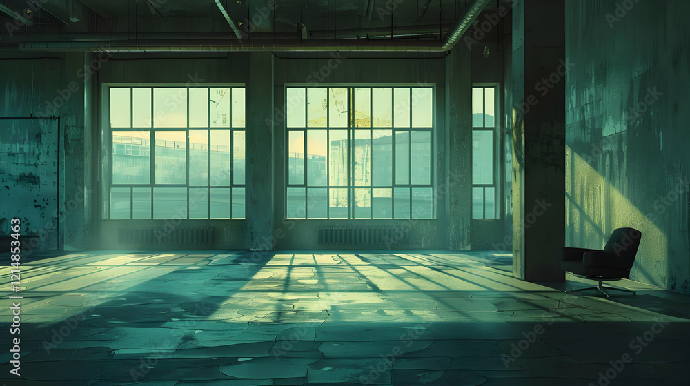 Poster empty room with large windows shows sunlight streaming through, creating long shadows inside