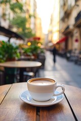 A white coffee cup sits on a wooden table in front of a city street. The scene is peaceful and relaxing, with the coffee cup as the focal point