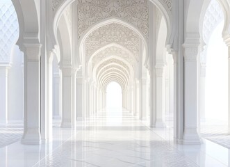Obraz premium A white background with Islamic-inspired patterns and arches, a long corridor in the center of which there is an empty space for text or product display. 