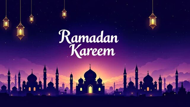 Night skyline with illuminated mosques and lanterns celebrating ramadan kareem under a starry sky, concept of ramadan kareem