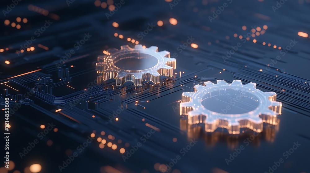 Aufkleber transparent gears on a circuit board background representing technology and engineering