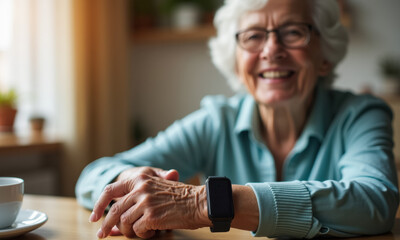 Elderly caucasian woman using smartwatch for health tracking at home