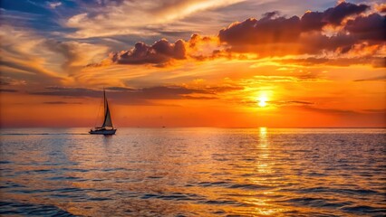 Sun setting over ocean horizon with sailboat in distance, Sunset, Ocean,  Sunset, Ocean